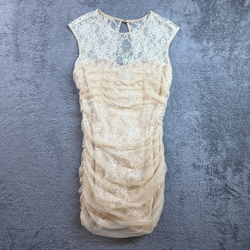 En Creme S Small Cream Lace Bodycon Mini Dress Cap Sleeve Ruched Formal Party